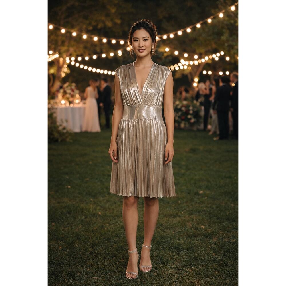 Banana Republic Cici Gold Metallic Pleated Dress 8 V Neck Empire NWT Wedding